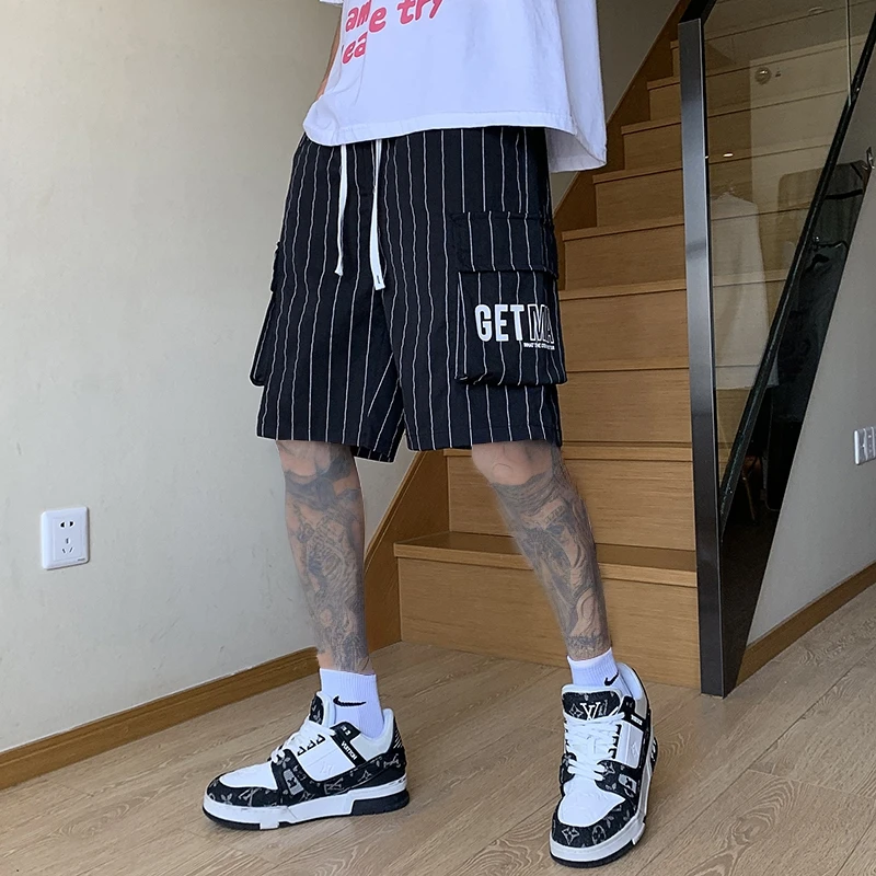 

Мужские шорты в стиле Харадзюку, повседневные уличные брюки в стиле хип-хоп с боковыми карманами, короткие спортивные брюки в Вертикальную Полоску, мужские шорты Sum, 2023