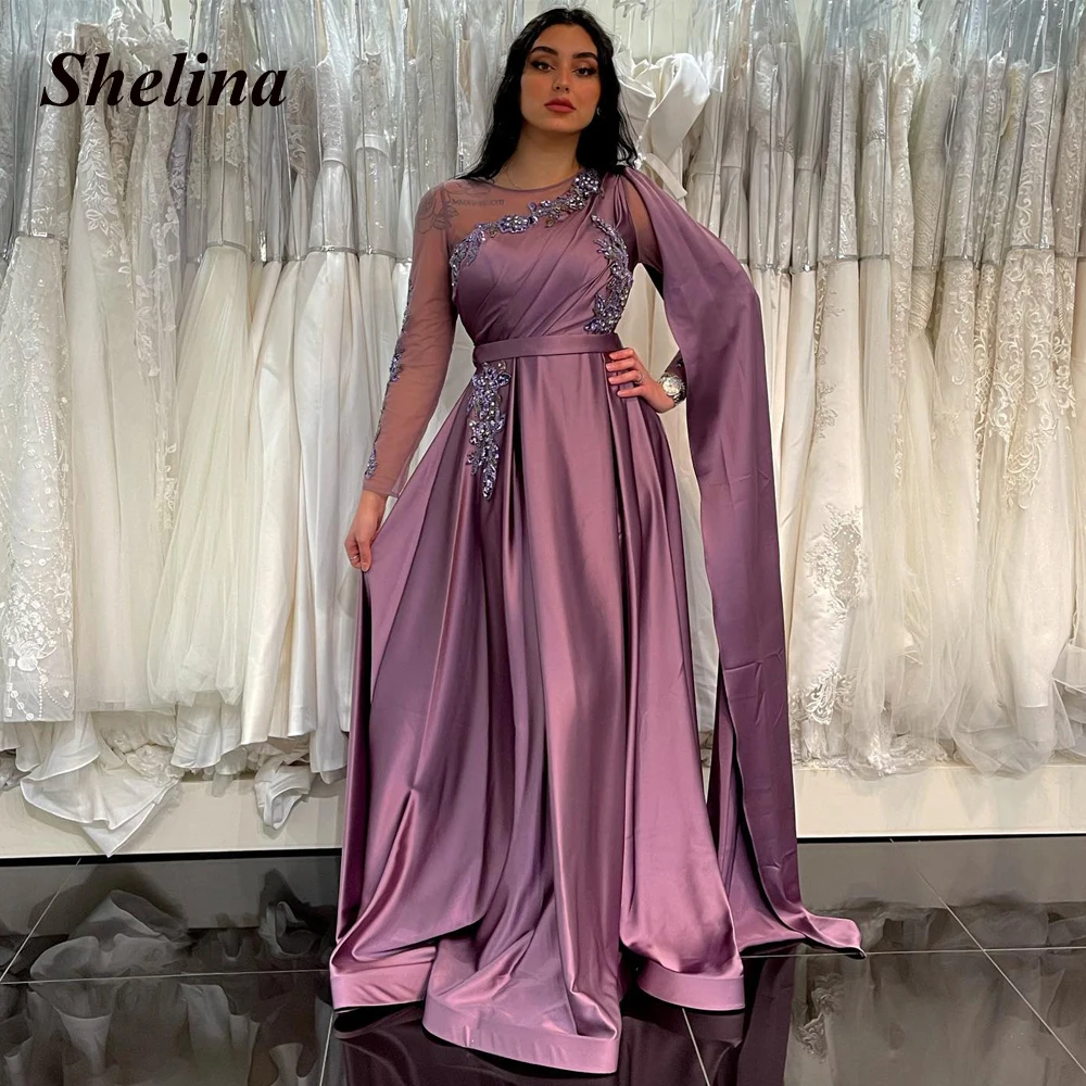 

Shelina Gorgeous A-line Prom Evening Dresses O-neck Appliques Cape Full-sleeve Prom Dress Vestidos Robes De Soirée Customized