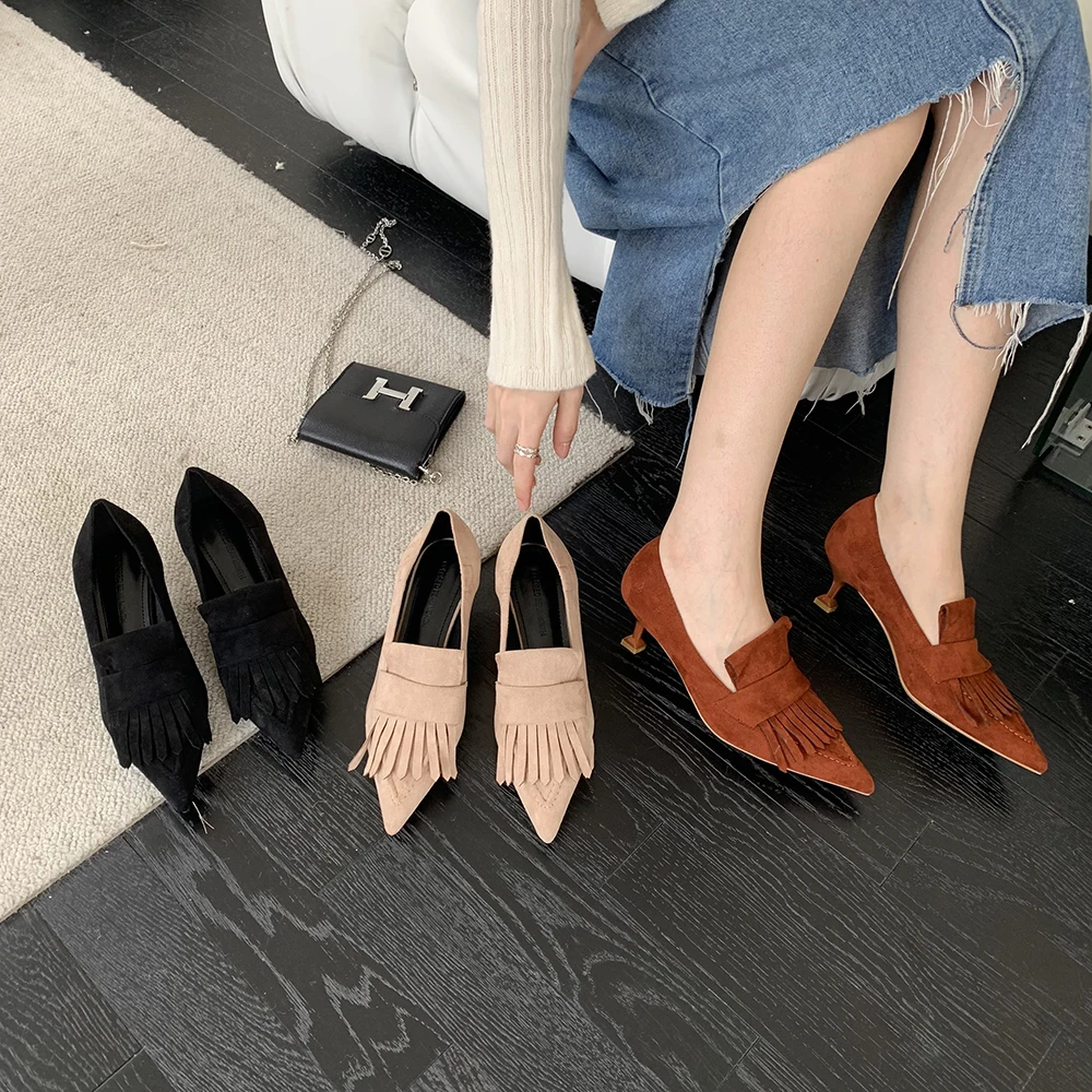 

Flock Women Pumps Pointed Toe Shallow Slip On Thin High Heels 2023 New Arrivals Party Pumps Black Beige Brown Casual Pumps 35-39