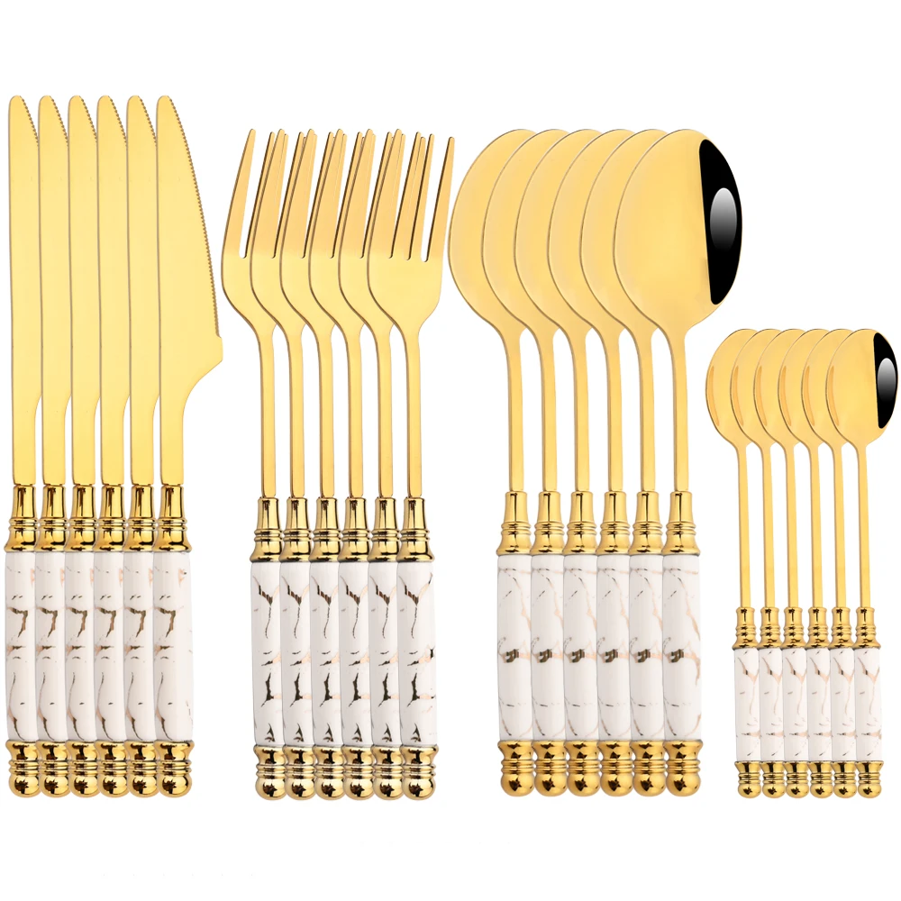 Drmfiy 6/24Pcs Marble Texture Dinnerware Set White Gold Western Stainless Steel Tableware Knife Fork Spoons Kitchen Flatware Set