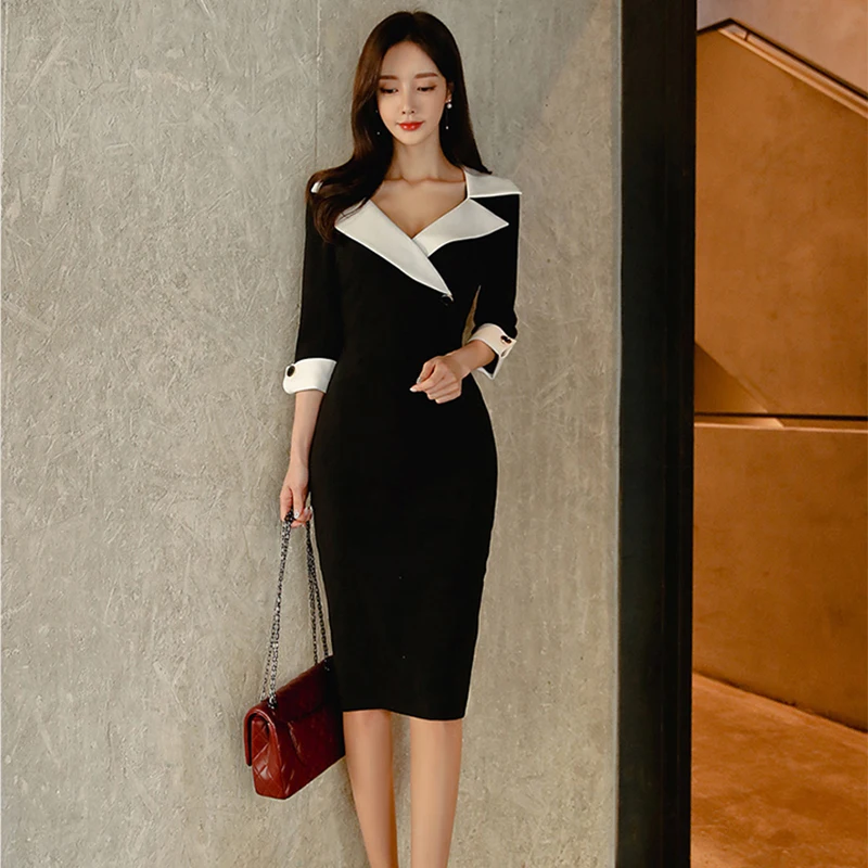 

2022 New Notched Collar Black Sheath Pencil Skirt Fashion Slim Fit Sexy OL Work Tight Dress Office Business Suit