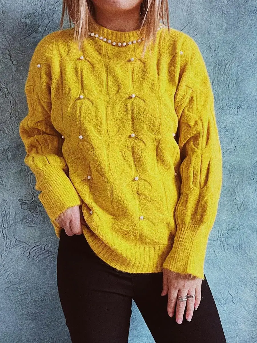 

High Quality 2022 New Autumn Winter O-Neck Twist Pullover Sweater Women Oversized Knitted Sweaters Pearl Beading Knitted Jumpers