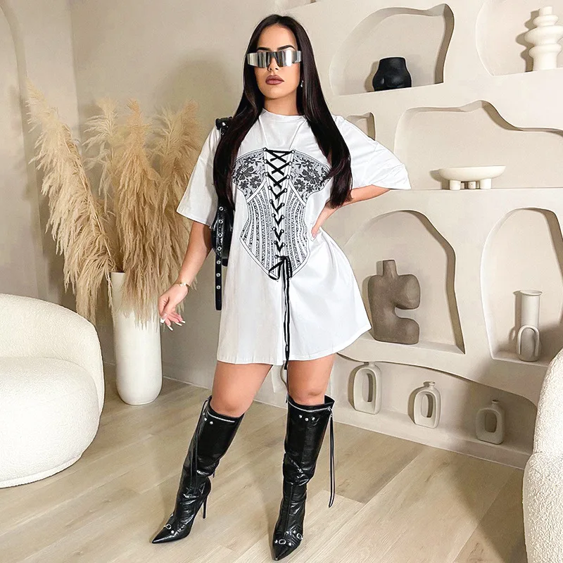 

White Loose Oversize T Shirt Dress Women Korean Style Short Sleeve Print Lace Up Tunic Mini Dress Streetwear Casual Summer Dress