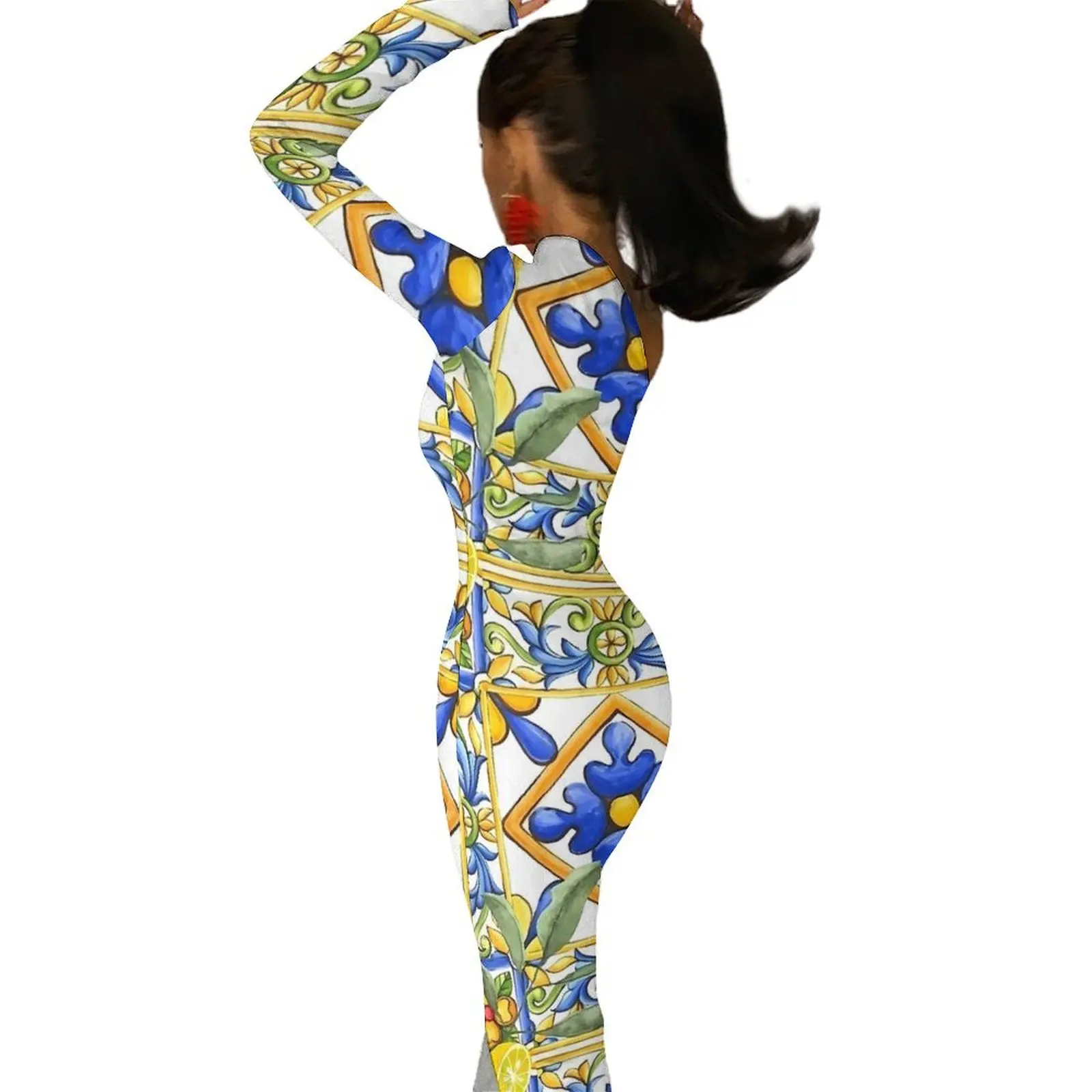 Majolica Лимонное платье макси с длинным рукавом и цветами цитрусовых плитка