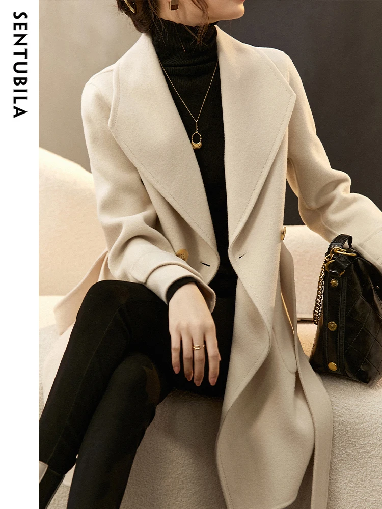 

Sentubila Elegant 100 Wool Coat Women Autumn Winter 2023 Lapel Warm Double Sided Woolen Jacket Single Button Overcoats W24O42049