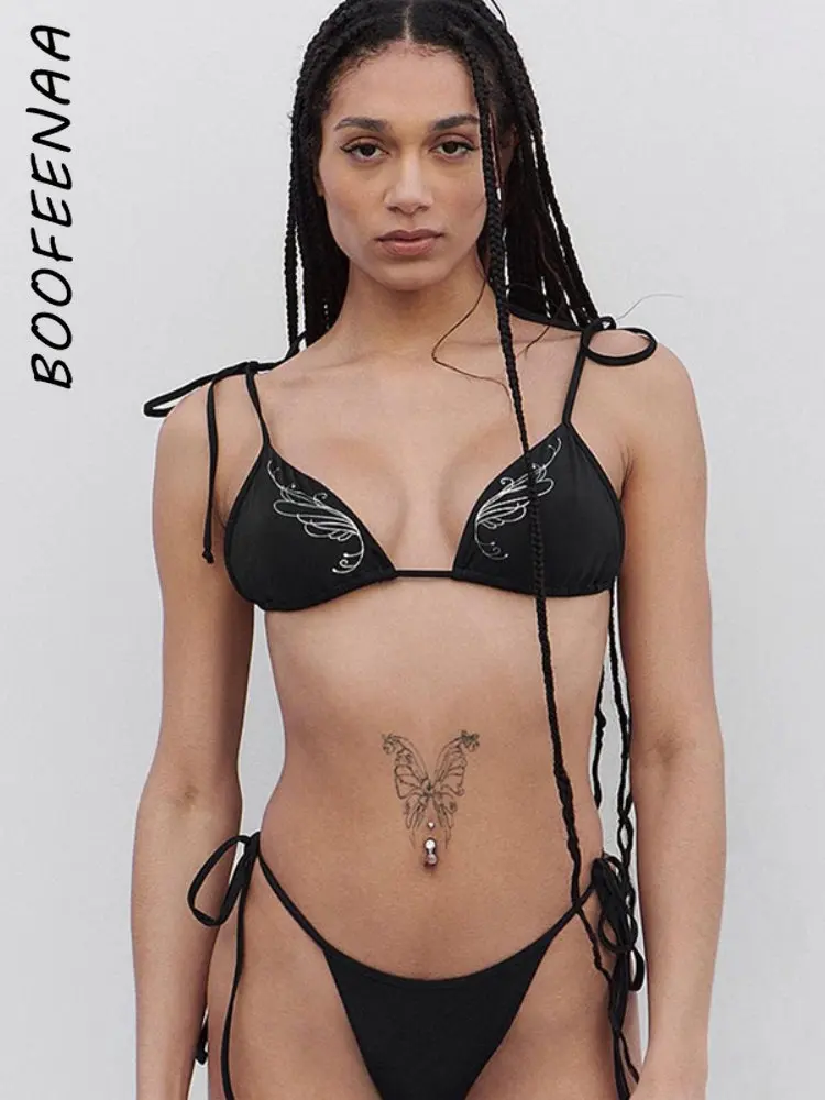 

BOOFEENAA сексуальные черные микро бикини с принтом крыльев, комплект из двух предметов для женщин, летний купальник на шнуровке, пляжная одежда для женщин 2023