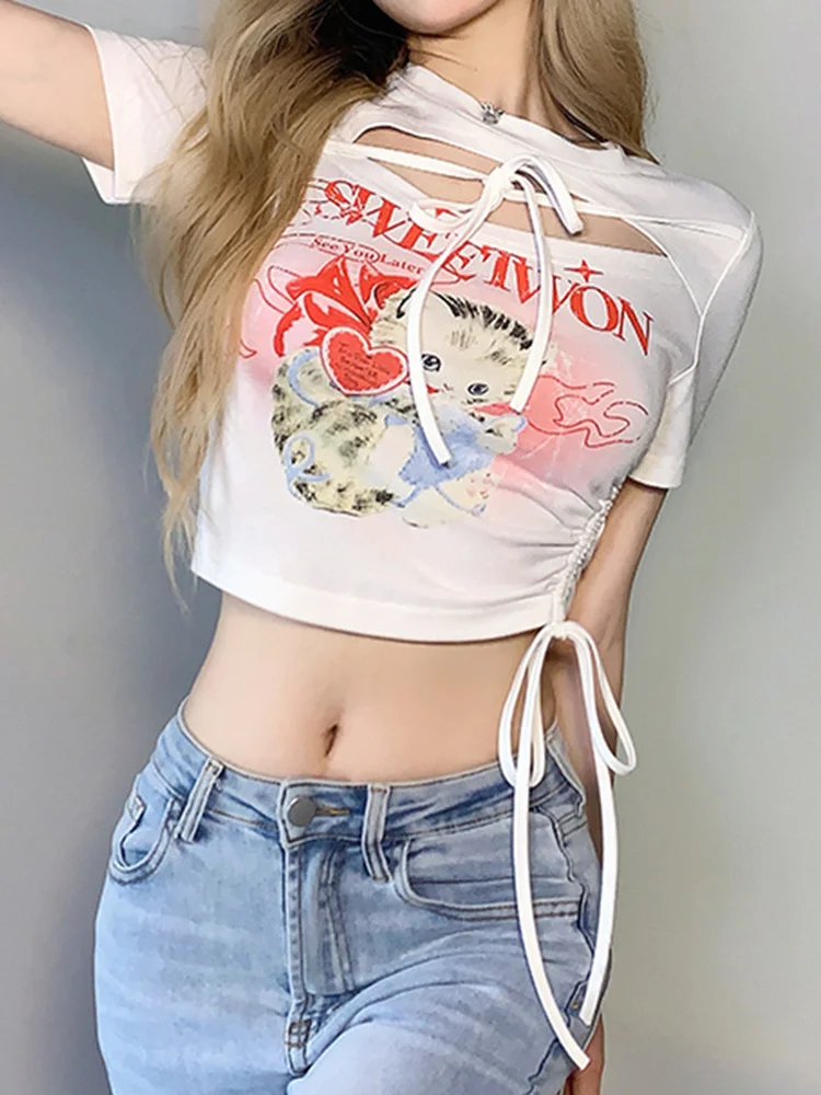 Deeptown Women's Hollow Crop Top Kawaii Cat Print T-shirt Short Sleeve Streetwear Harajuku y2k Top Egirl Graphic Tee 2022 Summer
