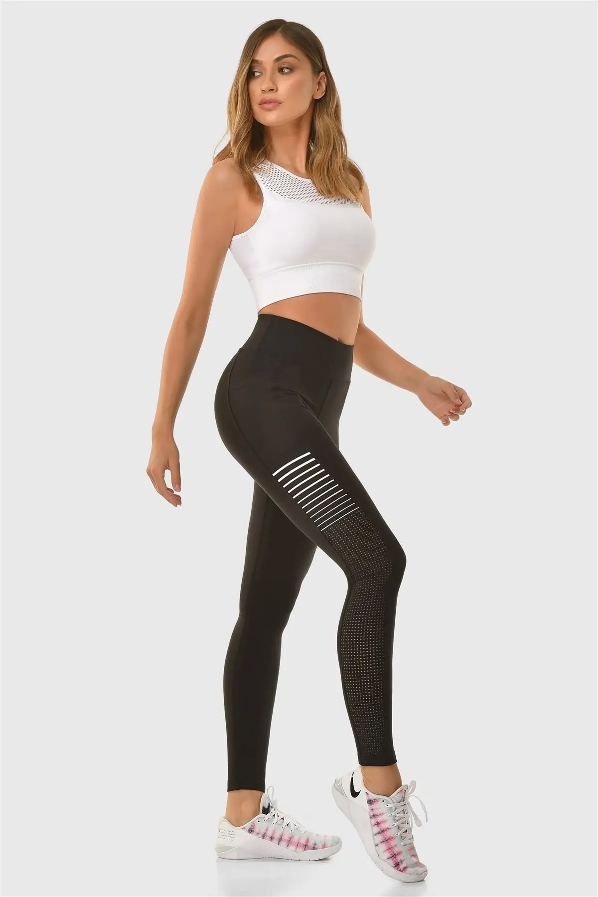 

Women Laser cut pocket high waist black sports leggings SS-2484