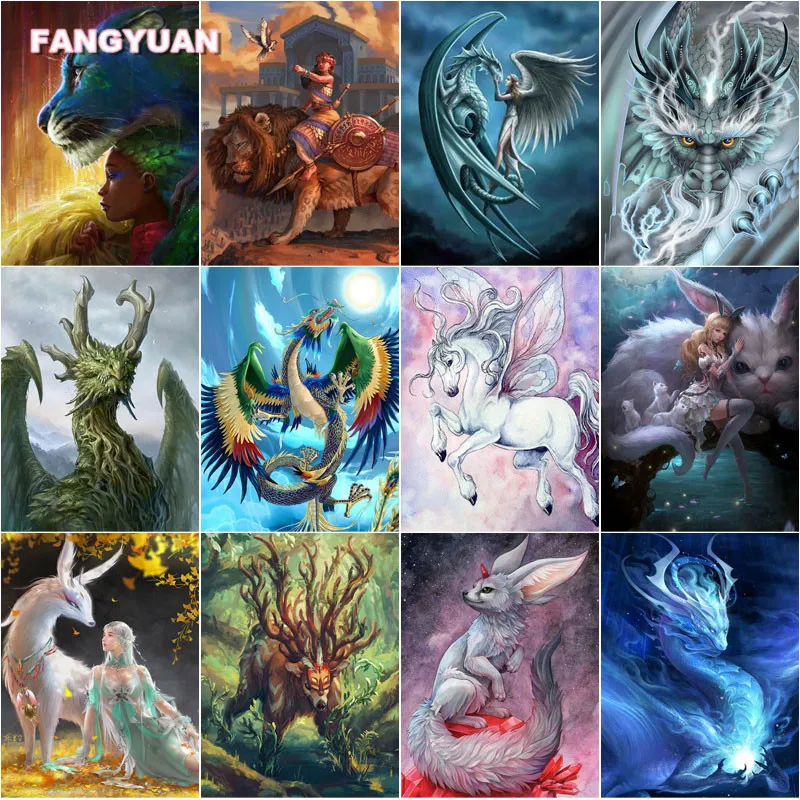 

Diamond Painting Fantasy Art Girl with Cat Dragon Carbuncle Final Unicorn Full Round Square Drill Diamond Mosaic Embroidery