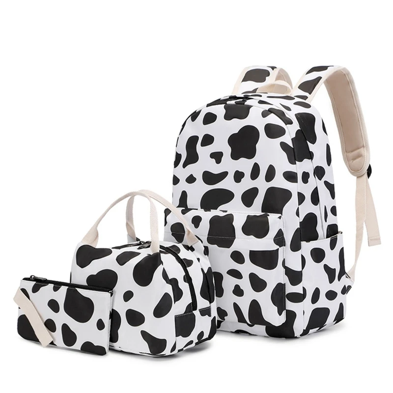 

Cute Cow Print Bookbag Multi Pocket Backpack with Lunch Tote Pencil Bag Rucksack Casual Daypack School Bags for Student