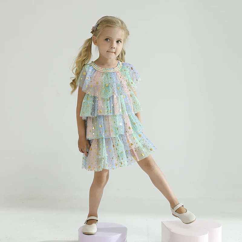 Платья для маленьких девочек повседневное Сетчатое Радужное платье с блестками