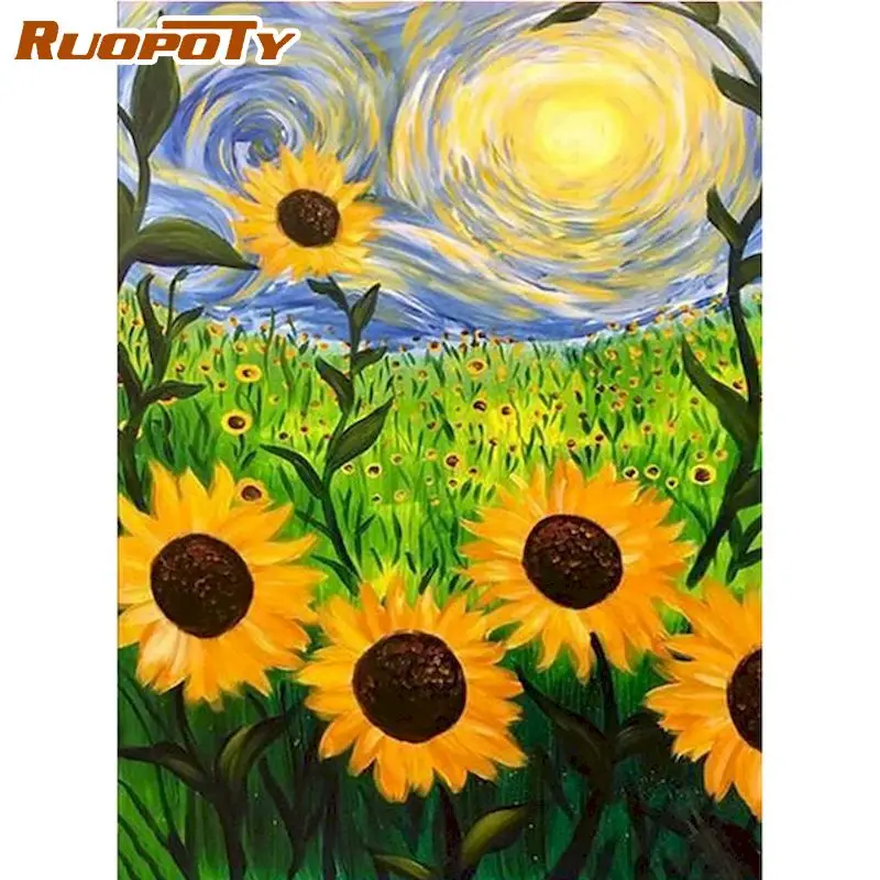 

RUOPOTY Oil Painting By Numbers Sunflower Drawing On Canvas DIY Pictures By Number Sky Flower Hand Painted Paintings Art Kits Ho