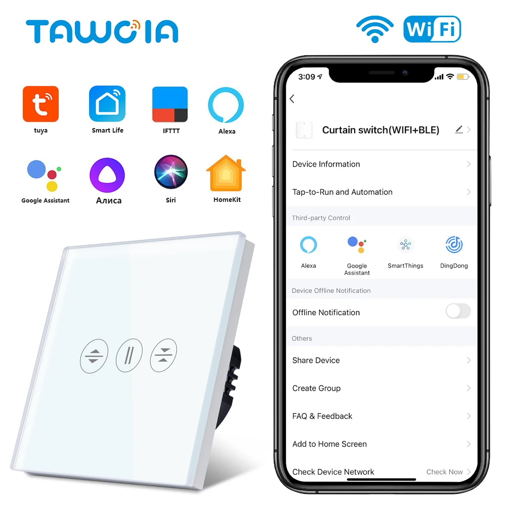 

Сенсорный выключатель для занавесок Tawoia, умный выключатель с Wi-Fi, работает с Alexa Google Tuya Smart Life