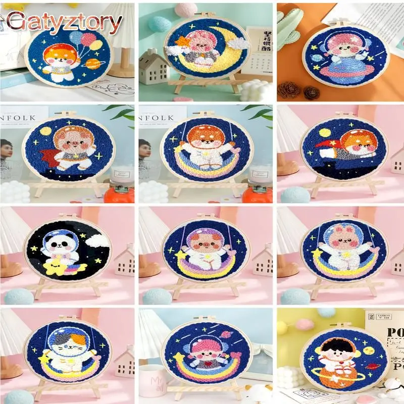

GATYZTORY Punch Needle Embroidery Starter Kits Diy Crafts Space Animals Poking Embroidery Hoop Yarn Rug Punch Needle For Adults