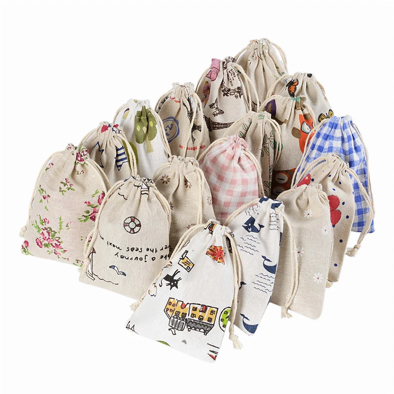 10x14cm Printing Cotton Linen Jewelry Drawstring Bag Burlap Gift Pouch Jute Storage Christmas Party Favors Candy Packing - купить по