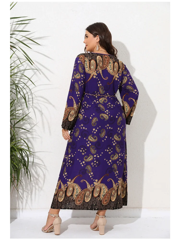 Middle East new large size long sleeve dress women's spring and autumn cashew nut print loose and slim skirt plus size dresses