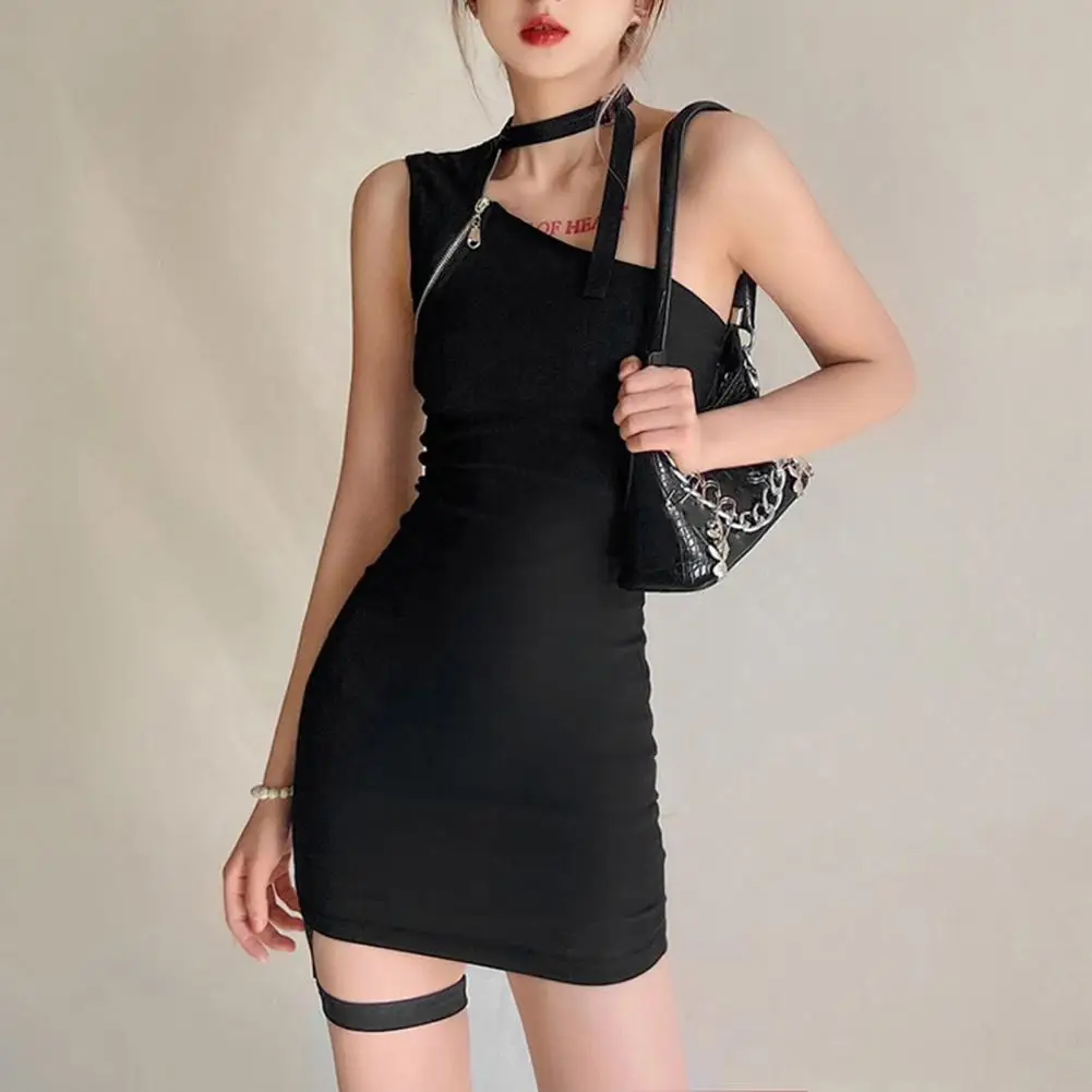 

Asymmetrical Shoulder Strap Skew Zipper Sleeveless Sheath Dress Thigh Band Halter Slim Fit Hip Wrap Mini Dress for Club Wear