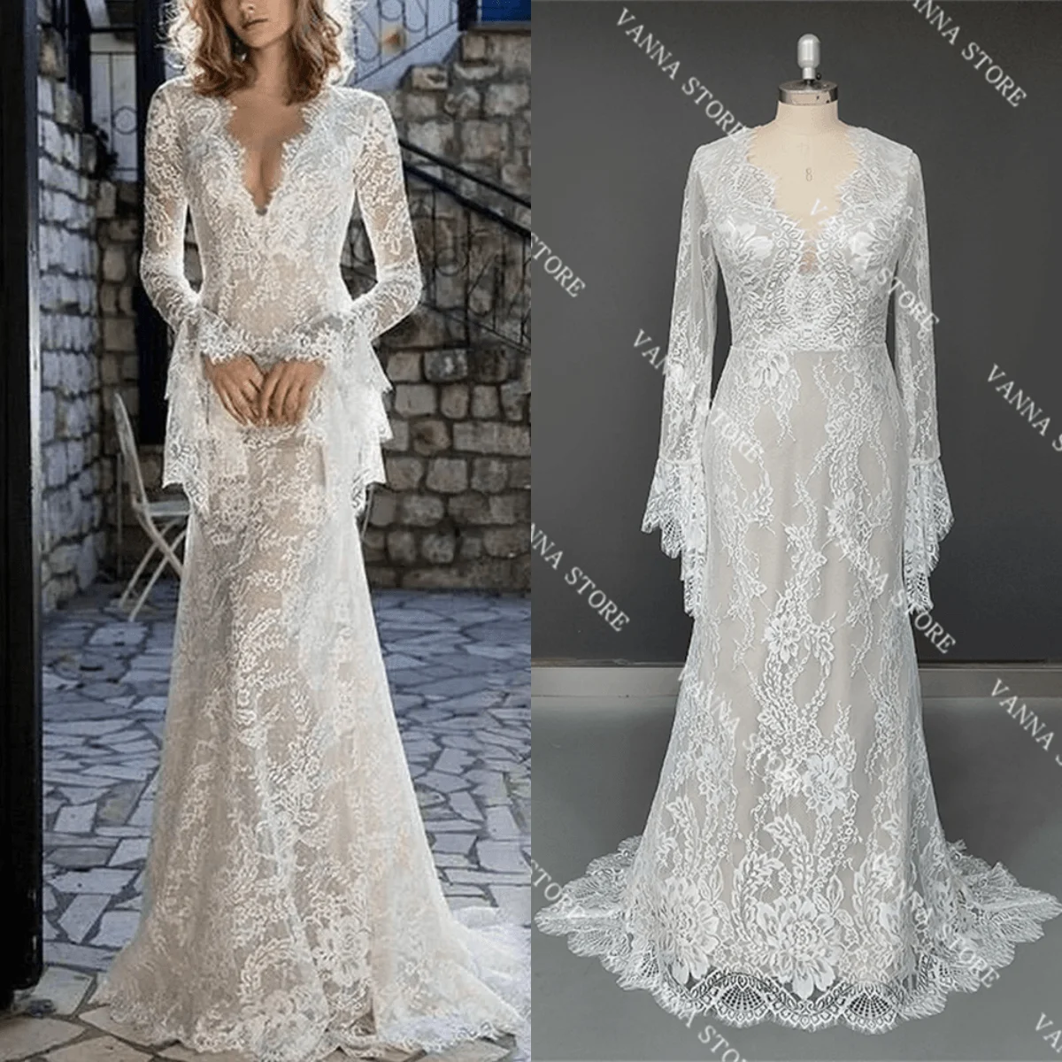 

11944# Bohemian Lace Beach Wedding Dress Sexy Deep V-Neck Backless Bell Sleeves Boho Sweep Train Wedding Dress Bridal Gown