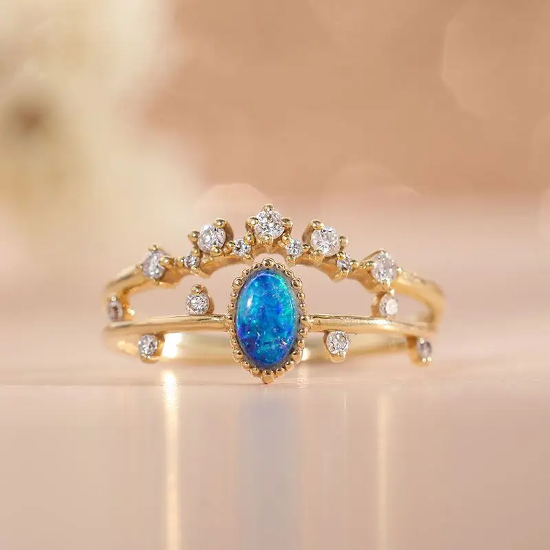 

Natural Opal Gem Open Ring Light and Luxury Palace Retro Style Jewelry