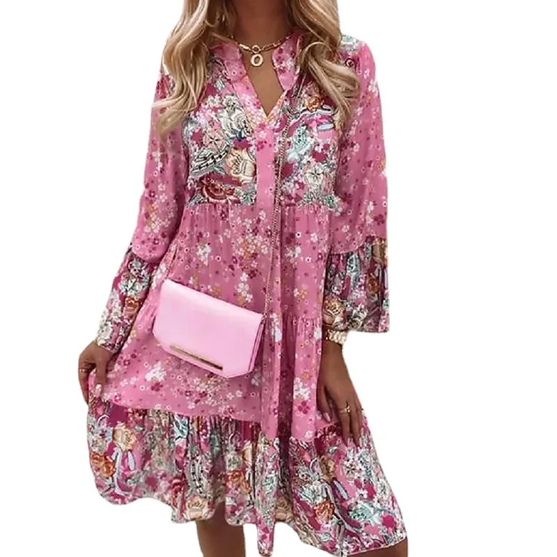

Elegant Retro Floral Print Flare Sleeve Mini Dress Spring Ruffle Loose Women Party Dress Casual V Neck Beach Pullover Dress