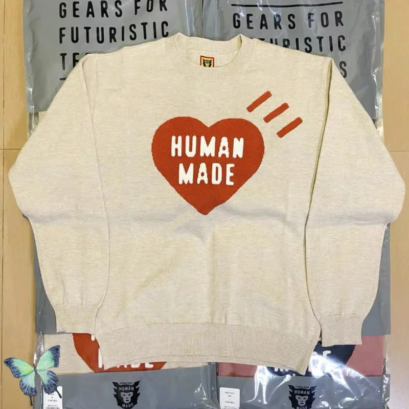 

New Arrival Love Heart Human Made Knitted Sweater Khaki Pink Pullovers