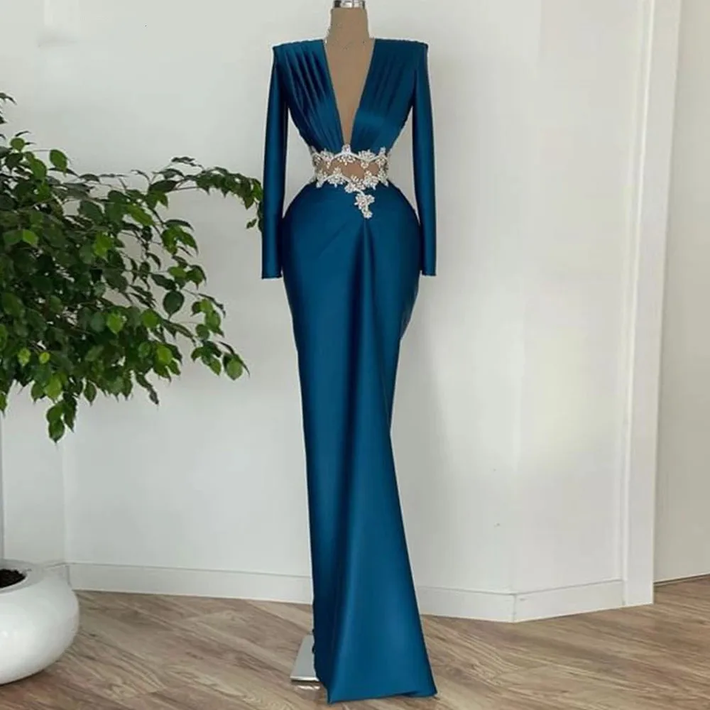 

Designer Sexy Evening Dresses Slim Mermaid Deep V Neck Women Formal Long Sleeves Prom Gowns Robe De Soiree Party Maxi 2022