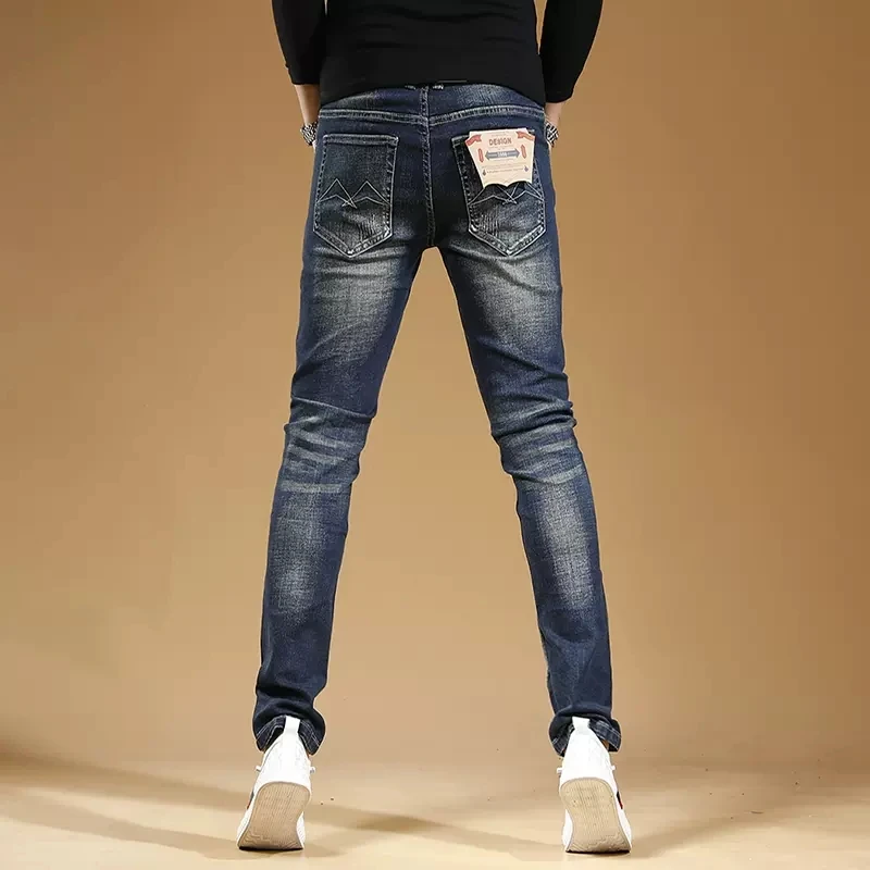 Autumn Men Blue Scratched Jeans Streetwear Slim Fit Straight Pants Korean Style Casual Stretch Denim Trousers