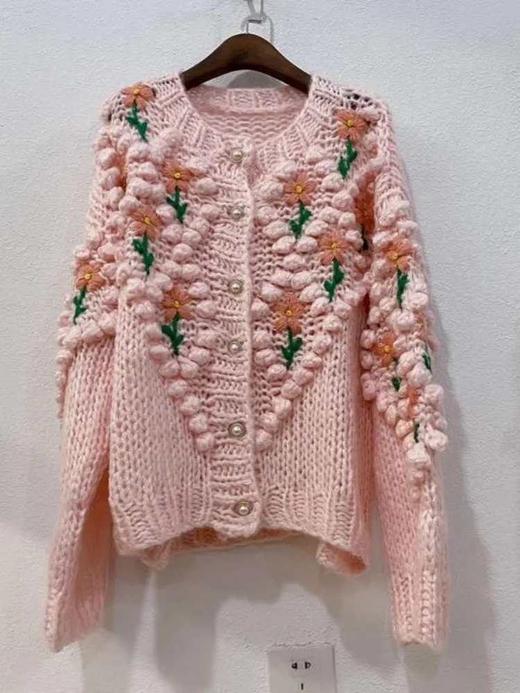 H.SA 2022 New Women Winter Handmade Sweater And Cardigans Floral Embroidery Hollow Out Chic Knit Jacket Pearl Beading Cardigans images - 6
