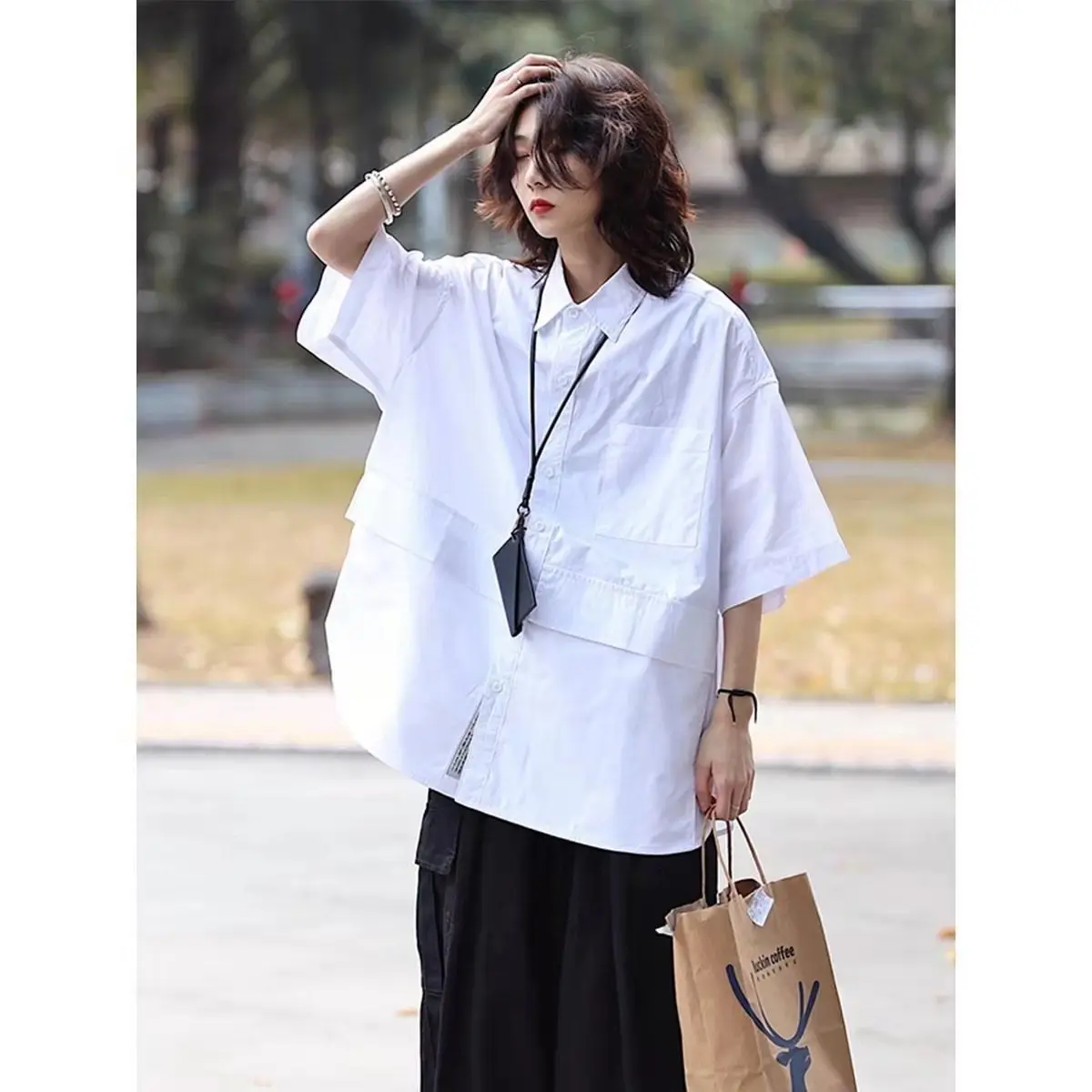 

EBAIHUI Half Sleeve Women Shirts Spring Summer Oversized Student Blouse Men White Black Two Pockets Soild Blusas Harajuku Top