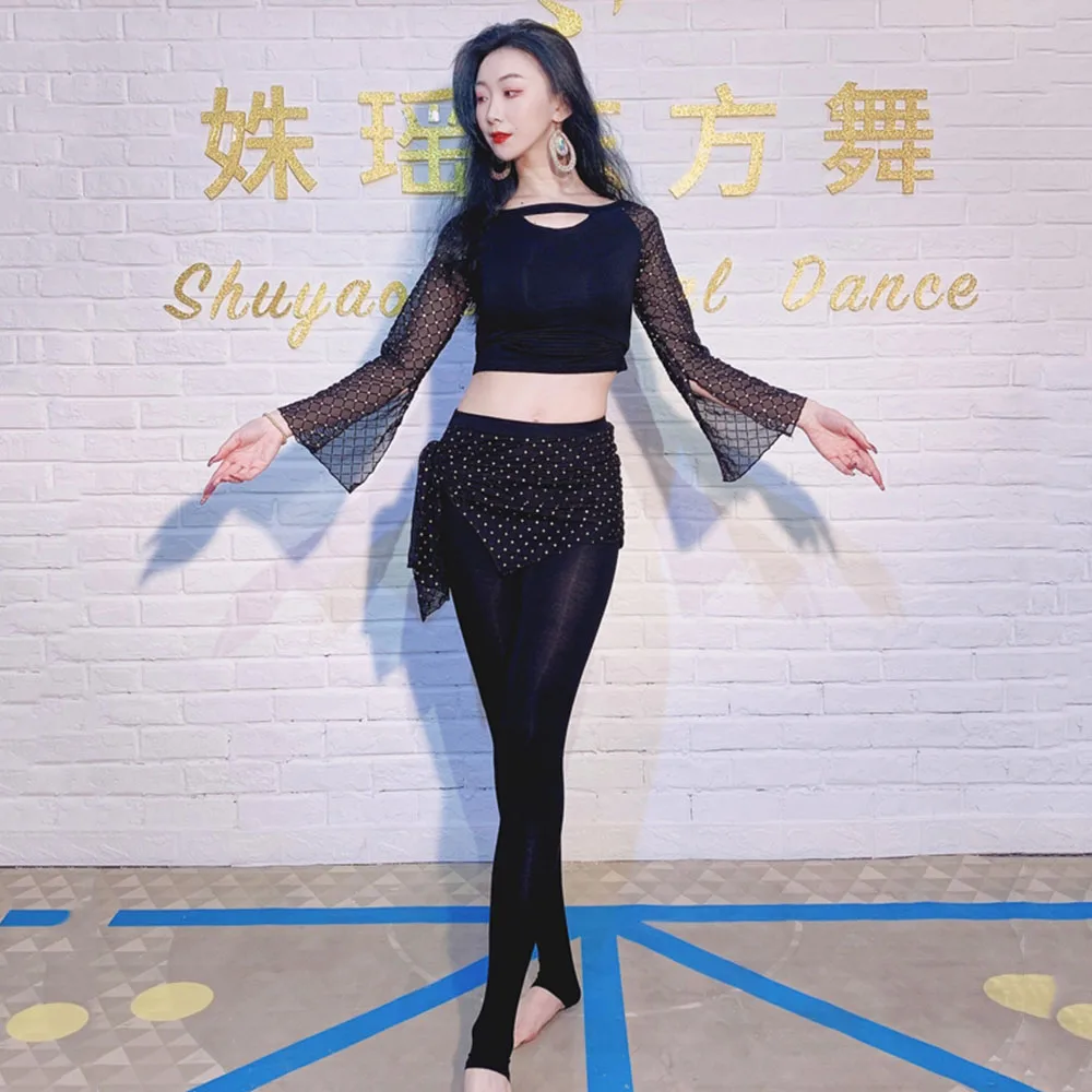 

Oriental Belly Dance Training Suit 2022 Autumn and Winter Pants with Gold Stamping Flocking Mesh Elastic Suit Oriental Dance