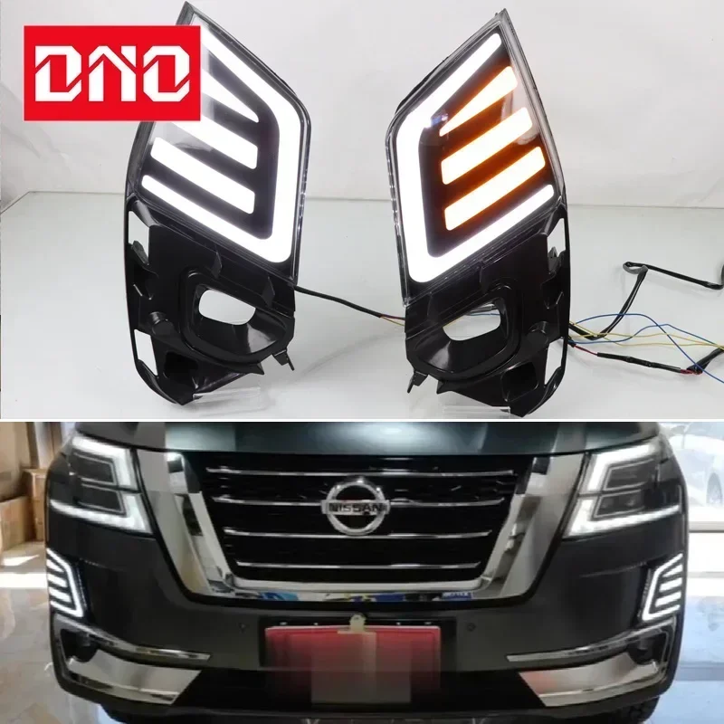 

Автомобильные светодиодные ходовые огни 12 В для Nissan Patrol 2020 2021, желтый указатель поворота, ночные синие ходовые огни, автомобильная противотуманная фара