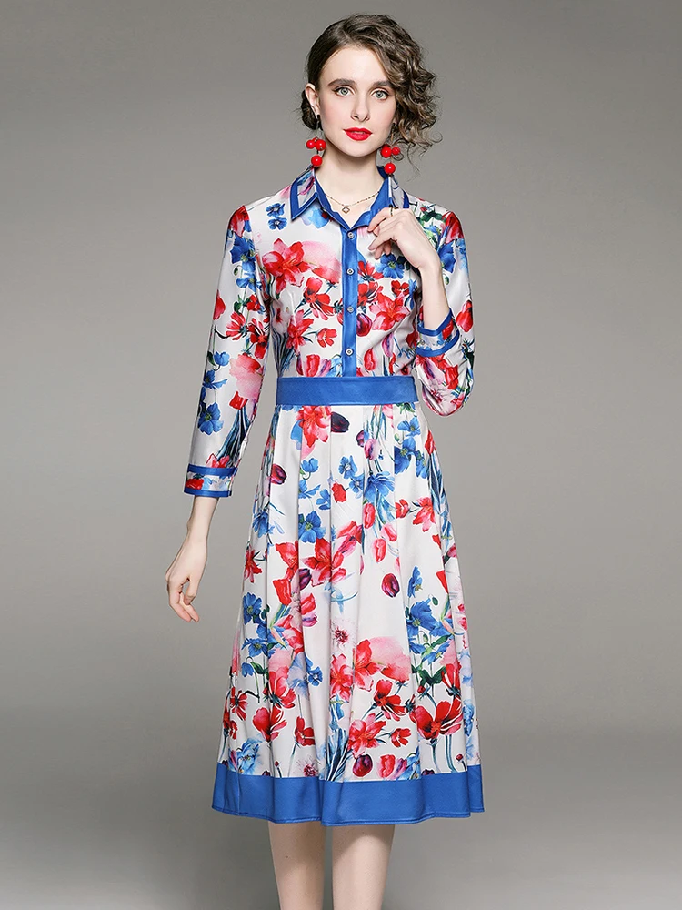 

Merchall 2022 Spring Desinger Runway Shirt Dress Women Long Sleeve Single Breasted Floral Print OL Midi Robe Vestidos M553