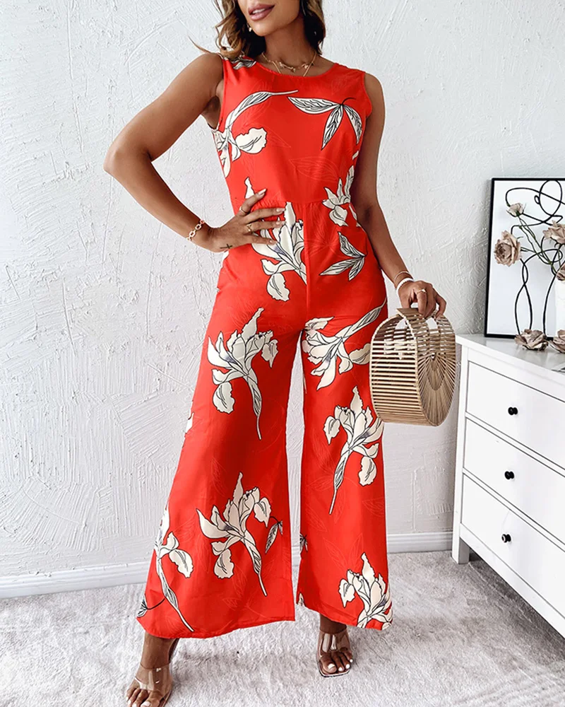 

Chicme 2022 Hot Women Plants Print Backless Wide Leg Round Neck Backless Zipper Sleeveless Slim fashionJumpsuit Rompers