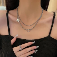 double layer shiny heart letter stitching titanium steel necklace female ins light luxury peach heart wild clavicle chain