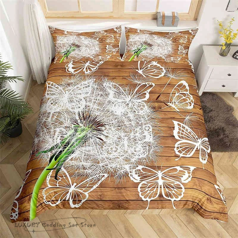 

Duvet Cover Dandelion Flower Wooden Board White Butterfly Kids and Adults Bedding Set Microfiber Single Double Queen Room Decor