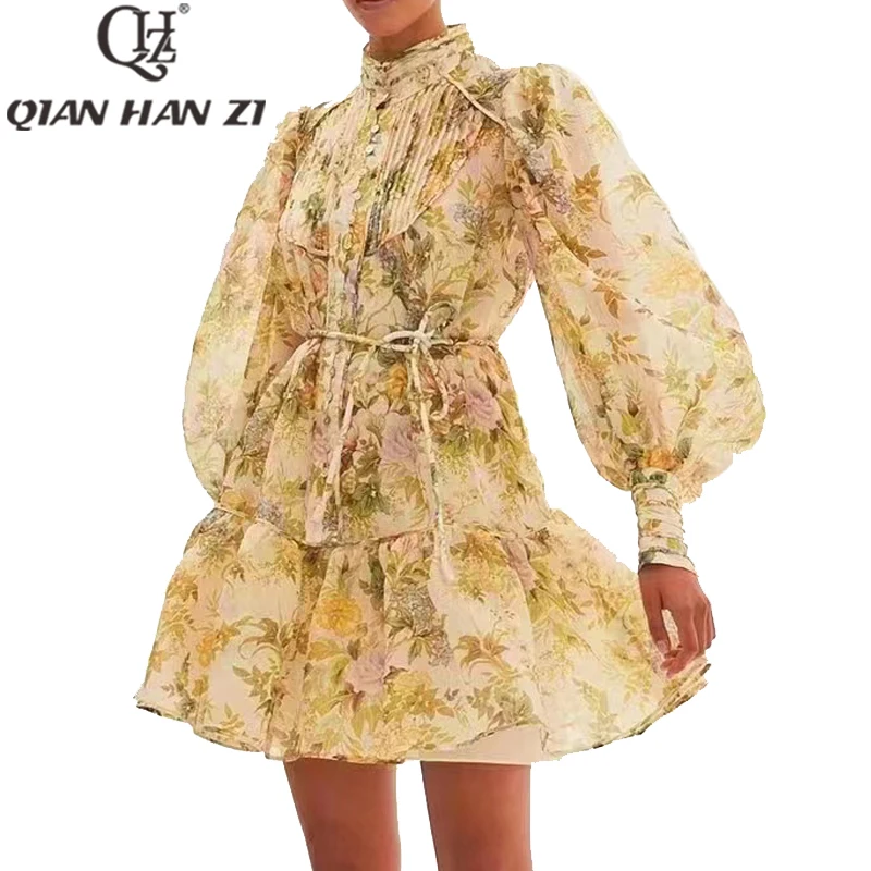 

Qian Han Zi Designer fashion dresses for women 2022 Lantern Sleeve Retro buttons flower print Slim belt Elegant beach dress