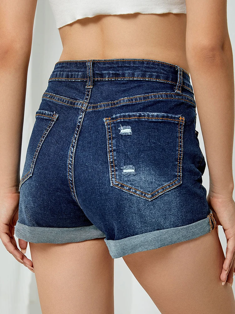 Spring Summer Women Vintage High Waist Button Denim Shorts Streetwear Female Straight Hole Frayed Jeans Shorts Bottoms