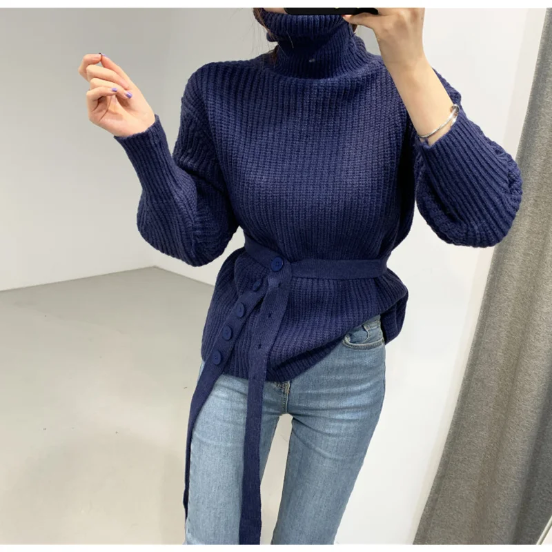 Женская винтажная одежда красный вязаный свитер с высоким воротником и длинными