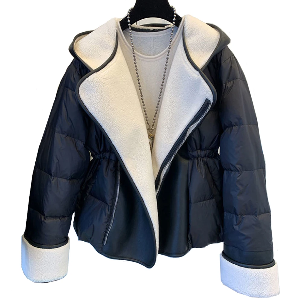 Women's Korea Cashmere Velvet Warm Hooded Coats 2023 New Fashion Casual Patchwork XXXL Long Sleeve Ladies Cotton Outwear