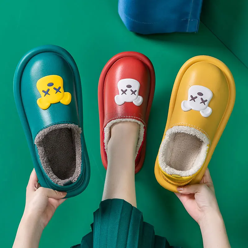 Leather Slippers for Women Cute Bear Water Proof Women Slippers Home Warm Indoor Winter Slippers Female Plush House Shoes Lovely