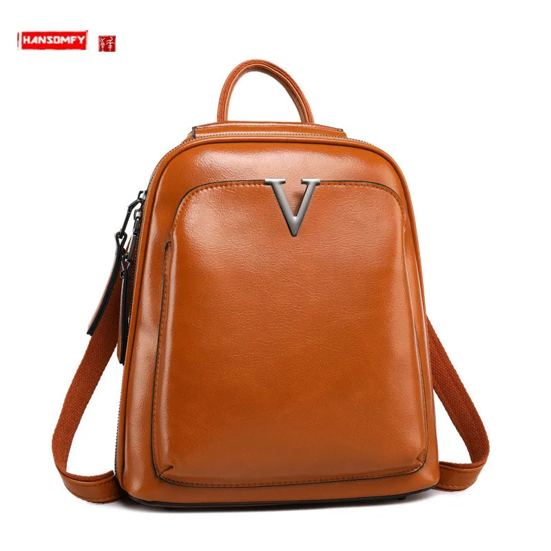 New Genuine Leather Women's Backpack Luxury Fashion Ladies Shoulder Bag Oil Wax Cowhide Travel Backpack Retro Schoolbag