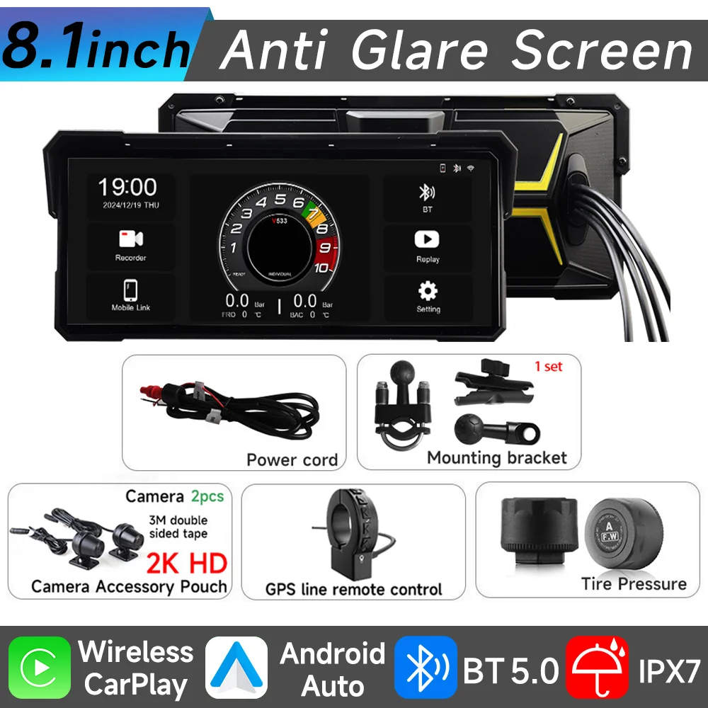 

8,1-дюймовый мотоциклетный GPS-навигатор, беспроводной Carplay, Android Auto, IPX7, водонепроницаемый 2K HD DVR, рекордер, мотоциклетный монитор, WIFI BT