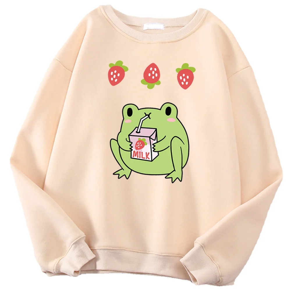 

Womens Sweatshirts Cute Frog Drink Strawberry Milk Tea Print Clothing Lady Oversize Moletom Hip-Hop Kawaii Animal Females Hoodie