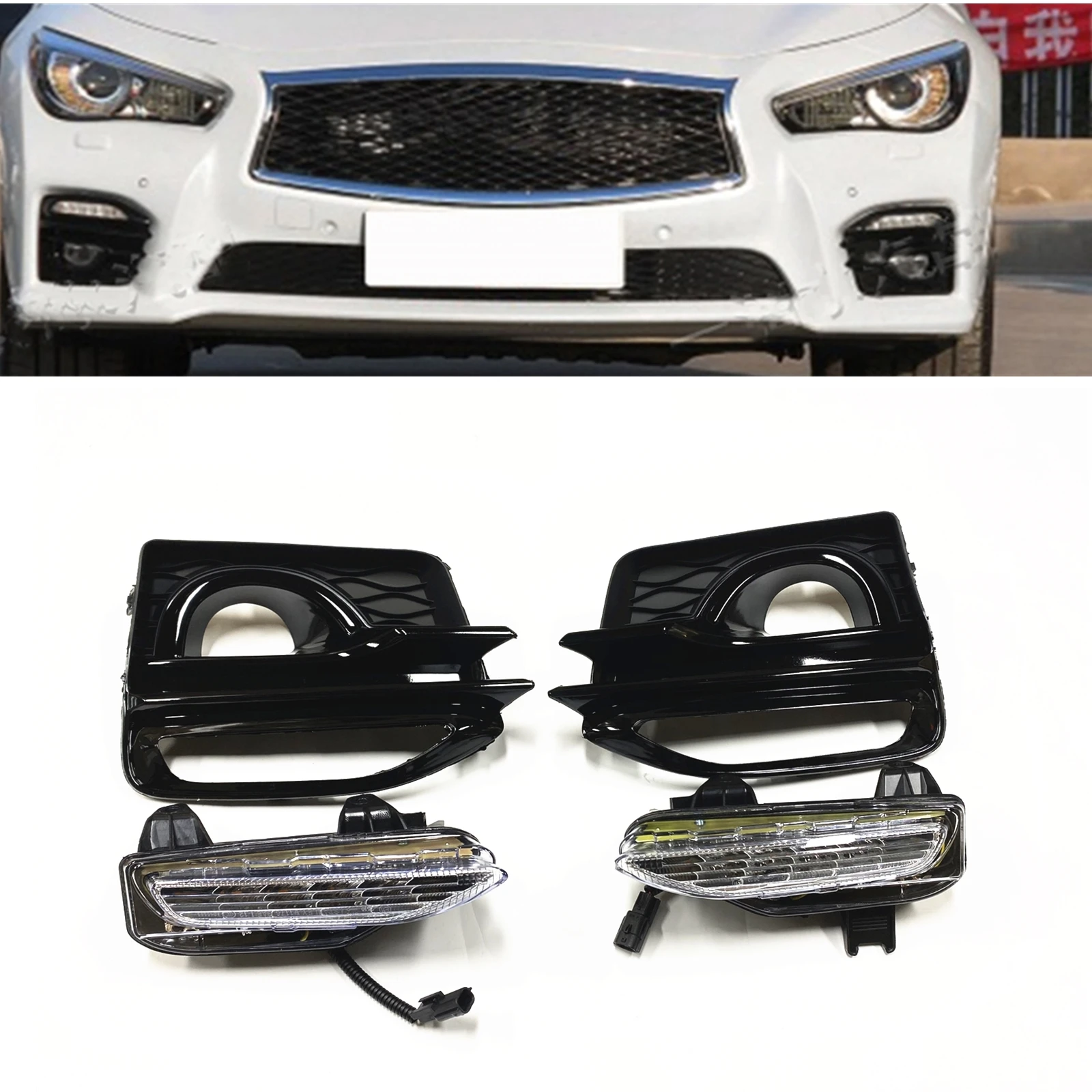 

For Infiniti Q50 Q50S 2014-2023 Sport Front Bumper LED Fog Lamp+Bezel Cover Turn Day Daytime Signal Light Air Vent Intake Frame