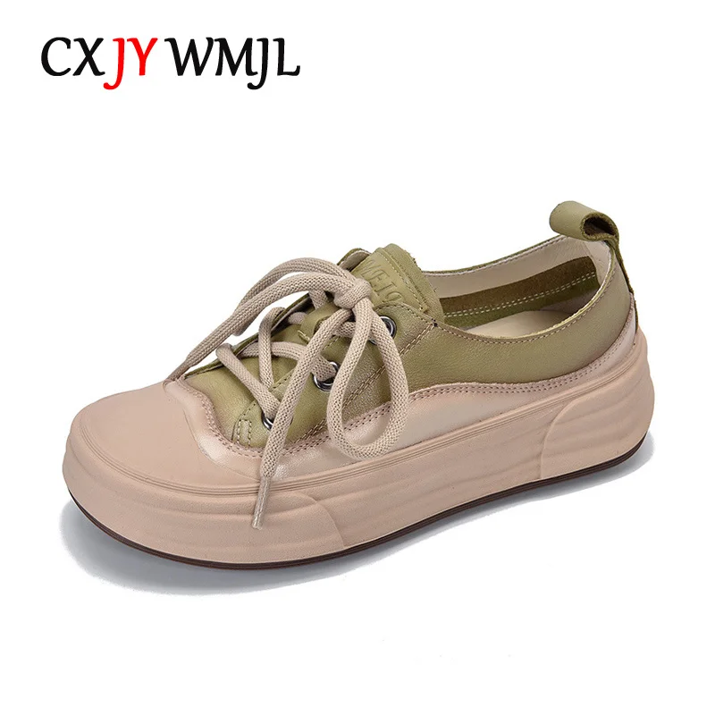 

New Cowhide Platform Sneakers Women Spring Casual Skate Shoes Ladies Genuine Leather Thick Bottom Sports Vulcanized Shoes
