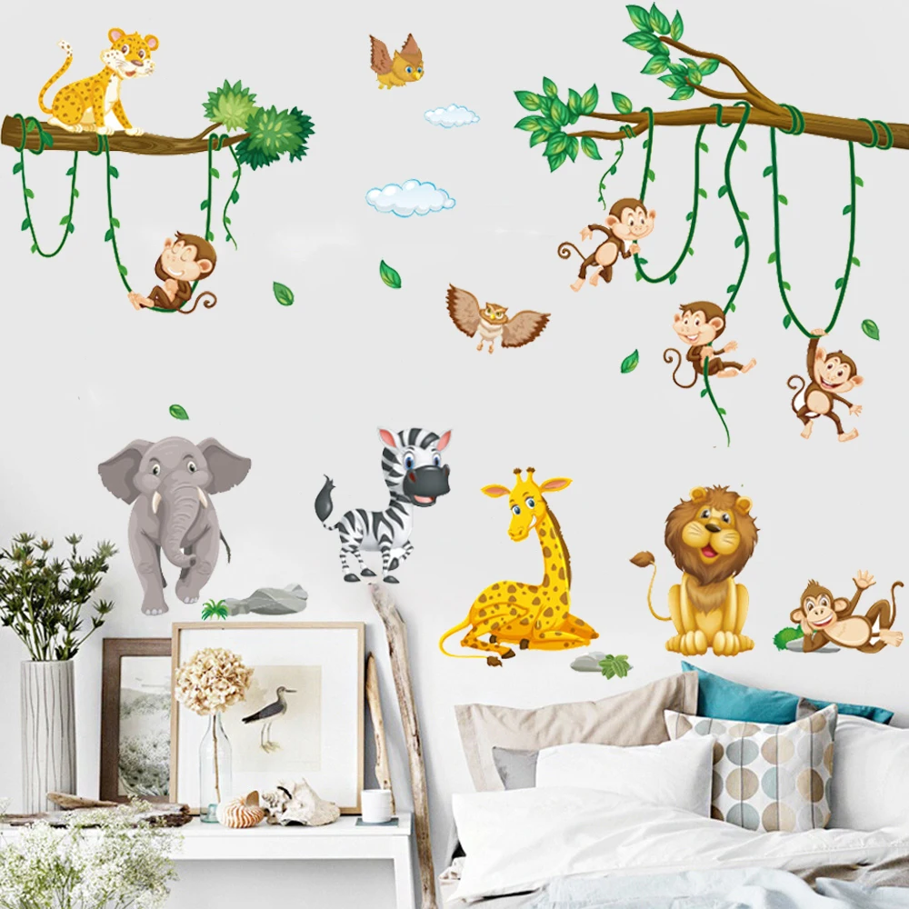 

Safari Jungle Animals Wall Stickers for Kids Rooms Boys Girls Baby Room Decorartion Cute Elephant Giraffe Monkey Lion Wallpaper