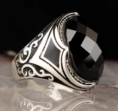 

Sterling Silver Man Ring Natural Stone(Zircon) Ottoman Silver,Handmade 925k Made in Turkey Outstanding Gift