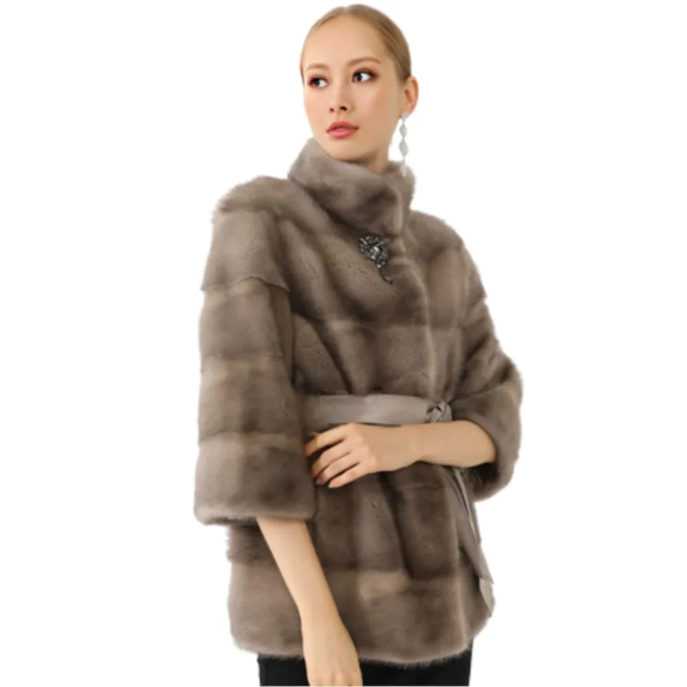 Women Winter Real Mink Coat With Collar Belt Luxury Fur Jackets Ladies Natural Solid Mink Coat Female Thicken Warm Slim Clothes