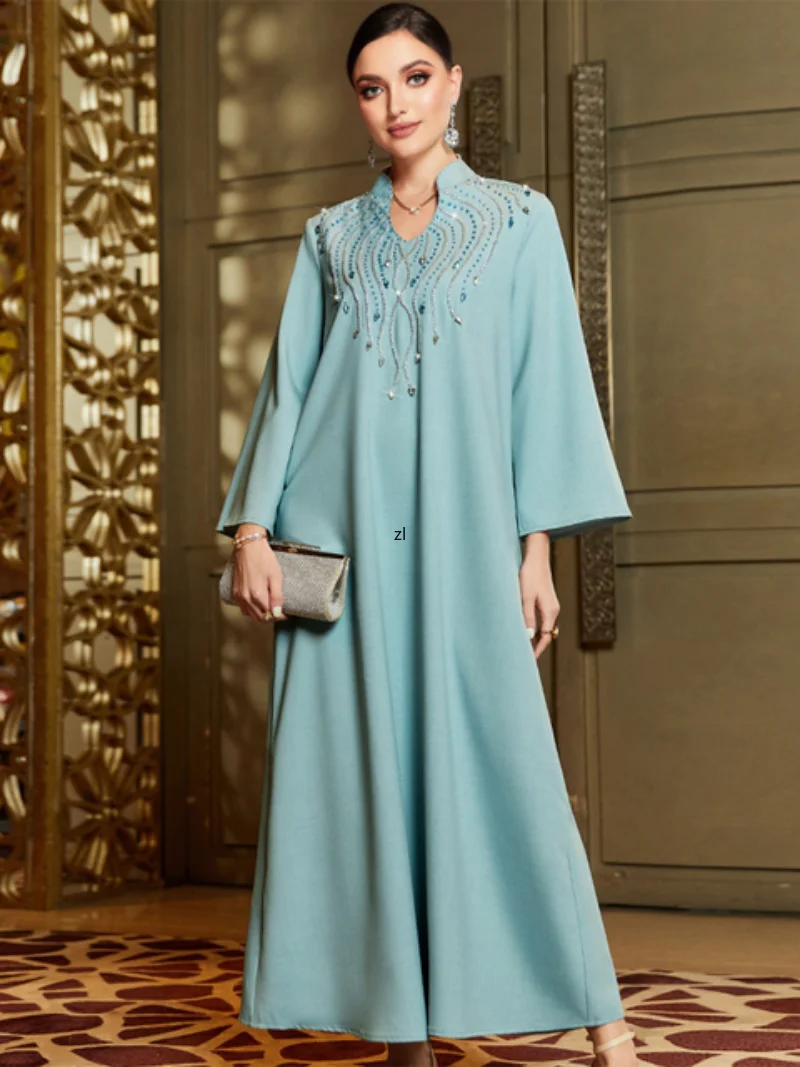 Handstitched Rhinestone Beaded Arabic Robe Vintage Ethnic Moroccan Kaftan Dubai Abaya Dress Ramadan Eid-al-Adha 2023 Party Wears