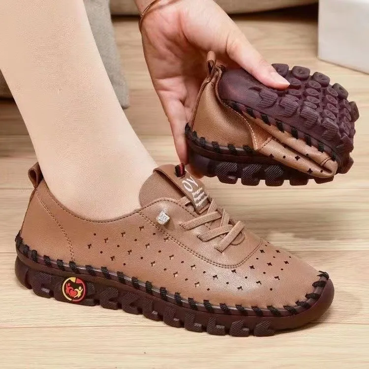 Women Spring Vintage Breathable Shoes Platform Loafers Lace Up Leather Hollow Slip-On New Fashion Casual Mom Shoe Zapatos Mujer